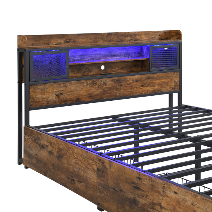 Multifunctional wooden look double bed&nbsp; with LED lighting, 2 drawers & charging ports (135x190cm) ELATERSPRING