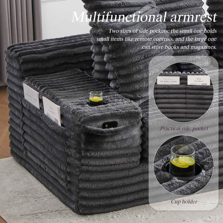 Corduroy Sofa Dark Grey 3-Seater, High Backrest, Cup Holders, Side Pockets, Convertible Sleeper, Space-Saving for Living Room