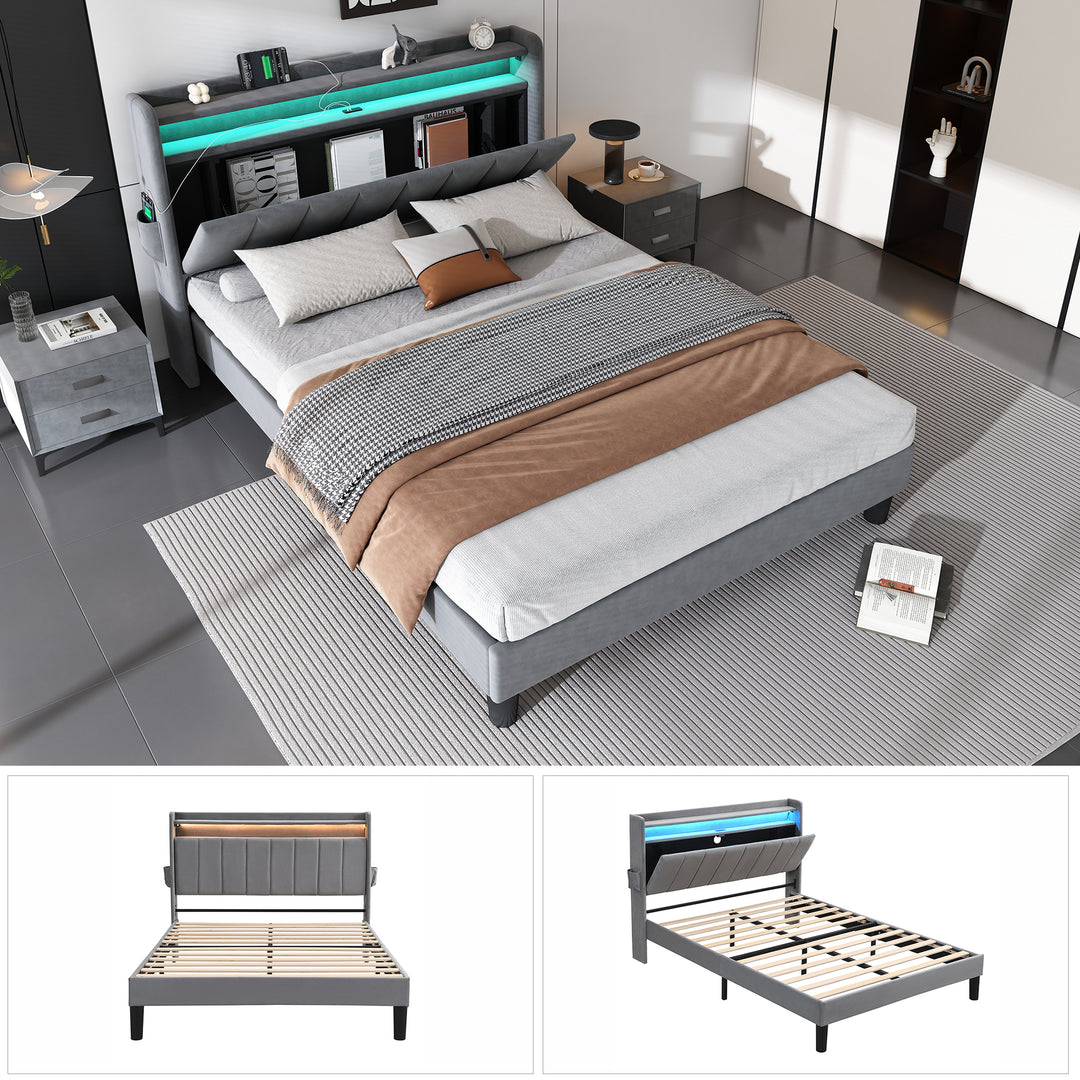 Upholstered velvet grey double bed with storage headboard, LED lighting and charging ports 135x190cm FIRNSNOW UK