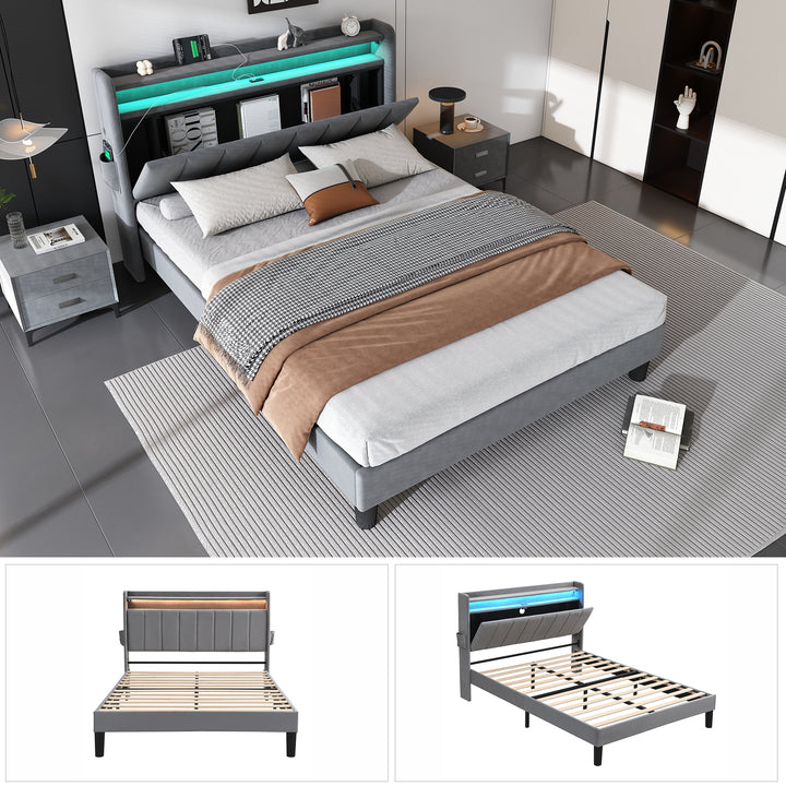 Upholstered velvet grey double bed with storage headboard, LED lighting and charging ports 135x190cm FIRNSNOW UK