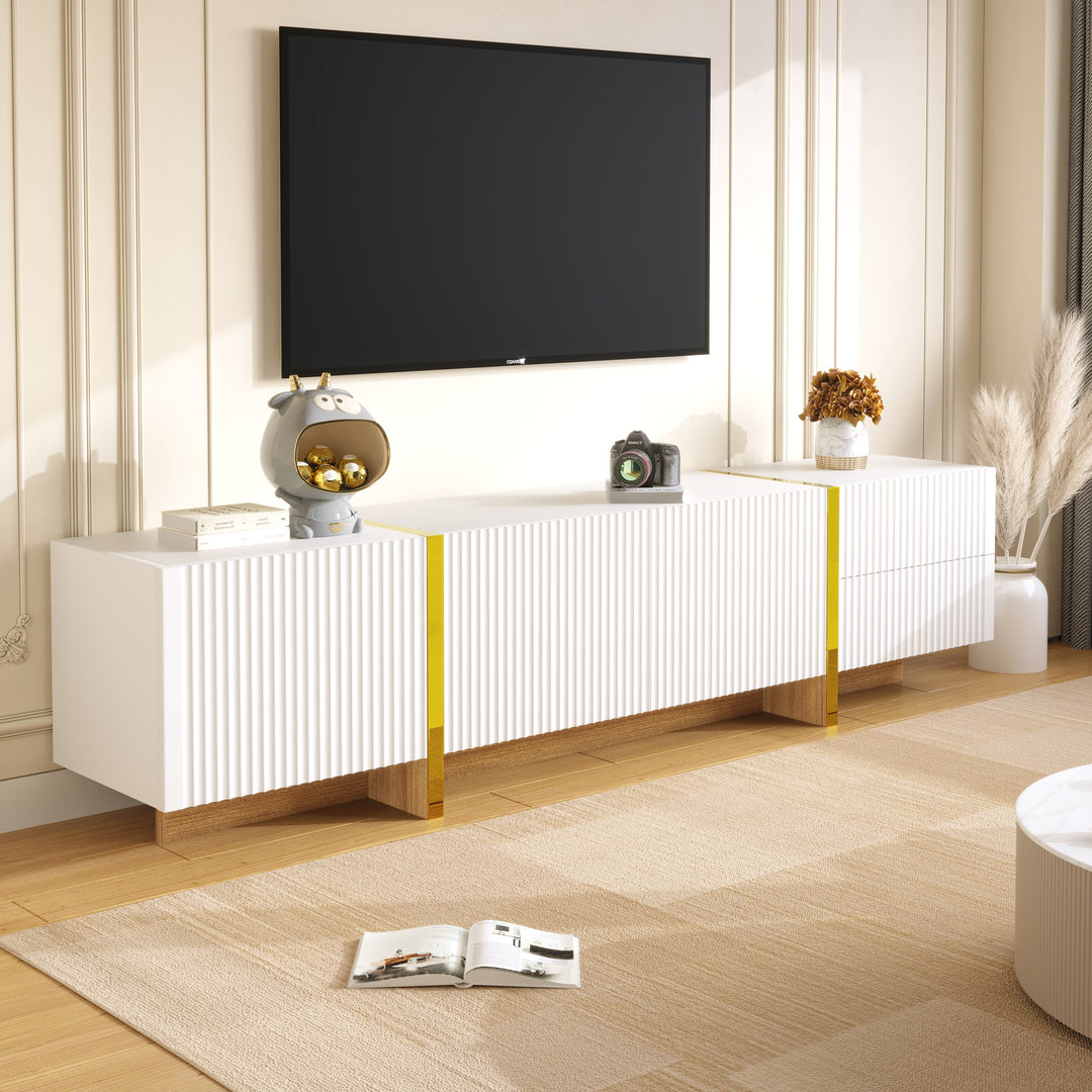 White fluted TV cabinet 3 doors, 2 drawers 190cm gloden accent CONNECTIV