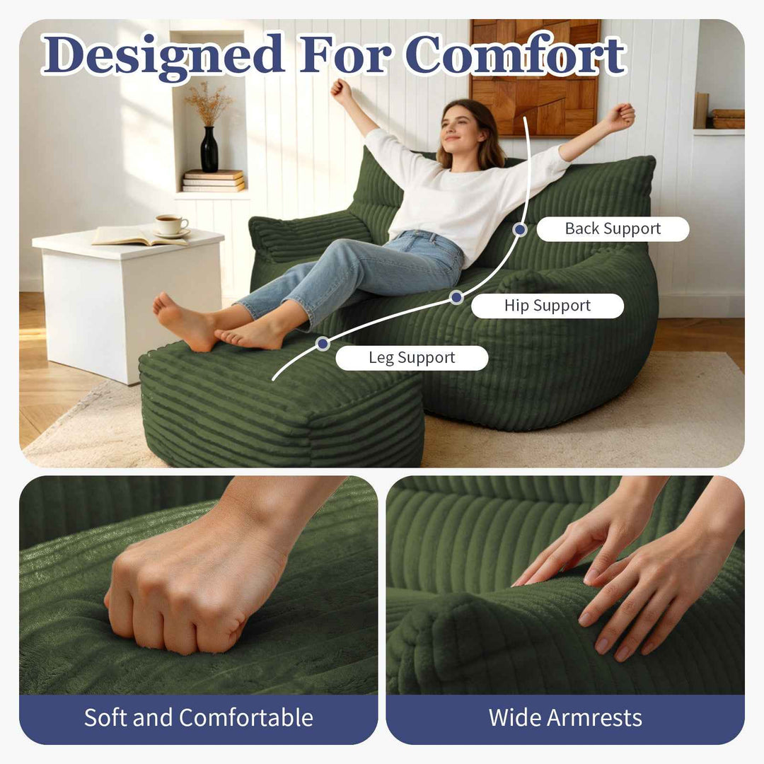 2-Seater Corduroy Lazy Sofa with Ottoman, Oversized Floor Couch, No Assembly, Ergonomic, Green, for Bedroom, Living Room, Small Apartment