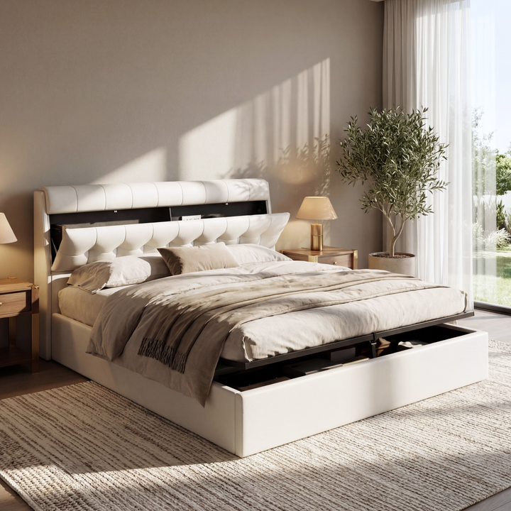 King size upholstered ottoman bed PU cream white, headboard storage 150x200cm