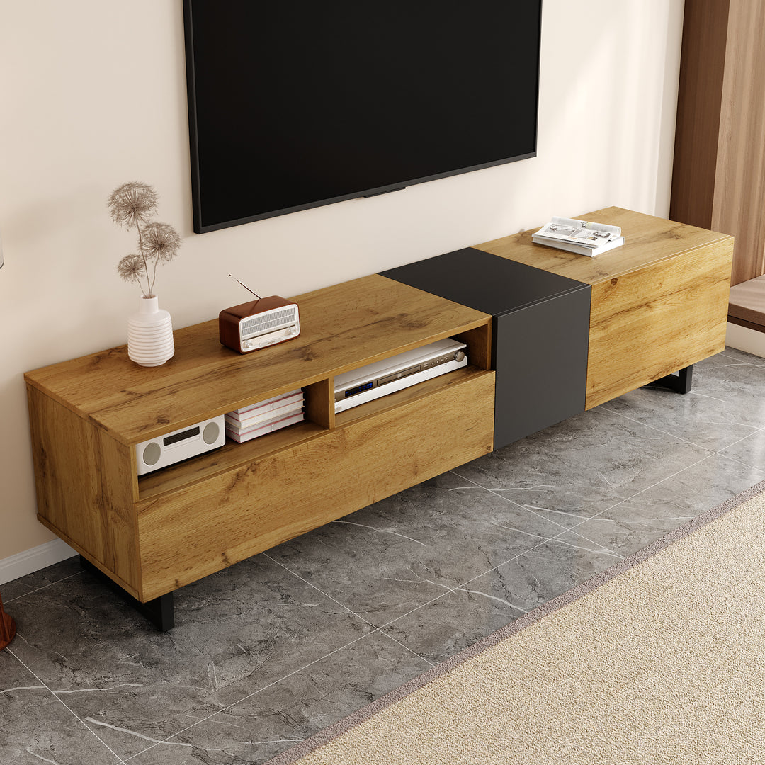 Colorblock TV cabinet retro wood grain compartments, U-shaped metal legs RESPIRATO