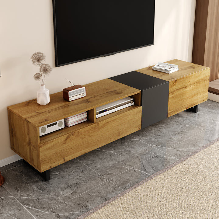Colorblock TV cabinet retro wood grain compartments, U-shaped metal legs RESPIRATO
