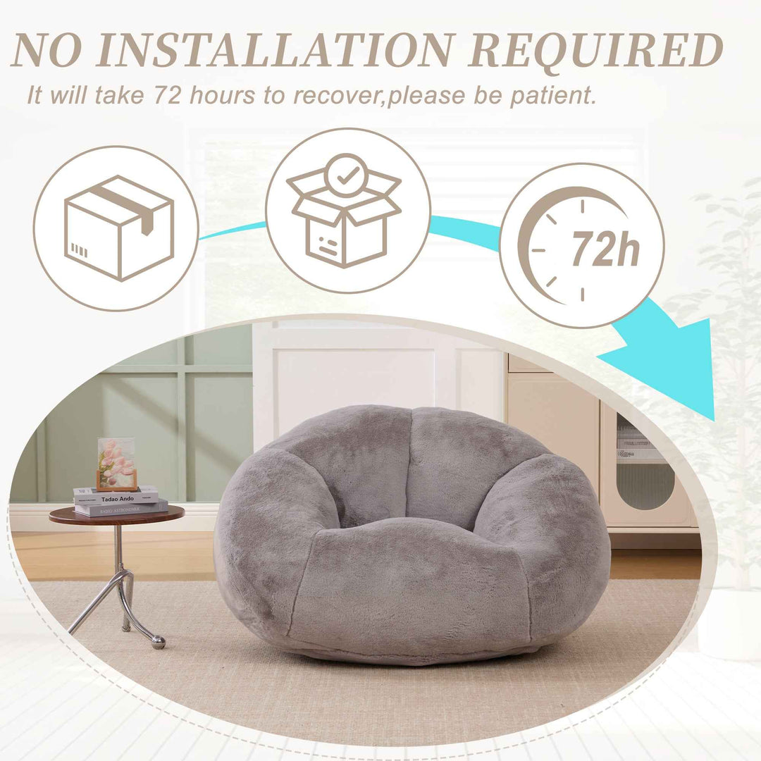 Lazy chair shell shaped sofa light grey faux fur, memory foam bean bag chair removable cover