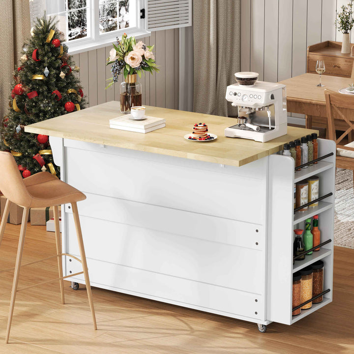 00+Mobile Kitchen Island Trolley White Foldable Worktop, 5 Wheels, Glass Doors, Storage Racks, Cutlery Drawer NOVAOR