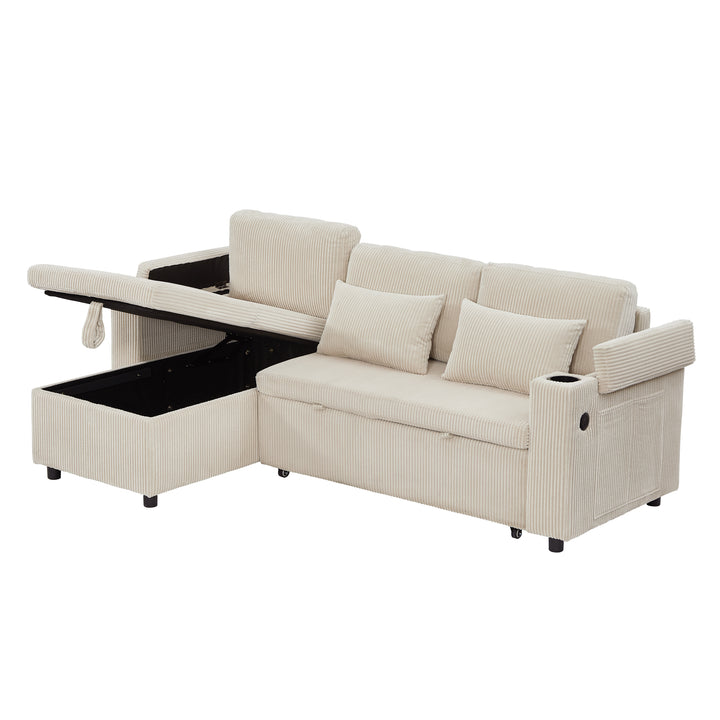 Beige corduroy 3-seater sofa bed trundle bed with storage and USB ports SPELEOTHEM UK