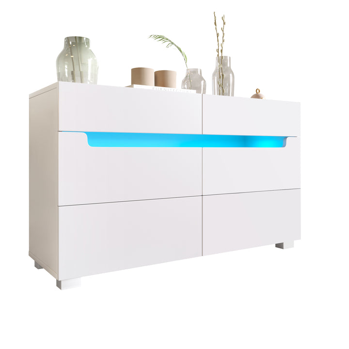 White sideboard dresser with 6 drawers and LED light BRULQOIKS UK