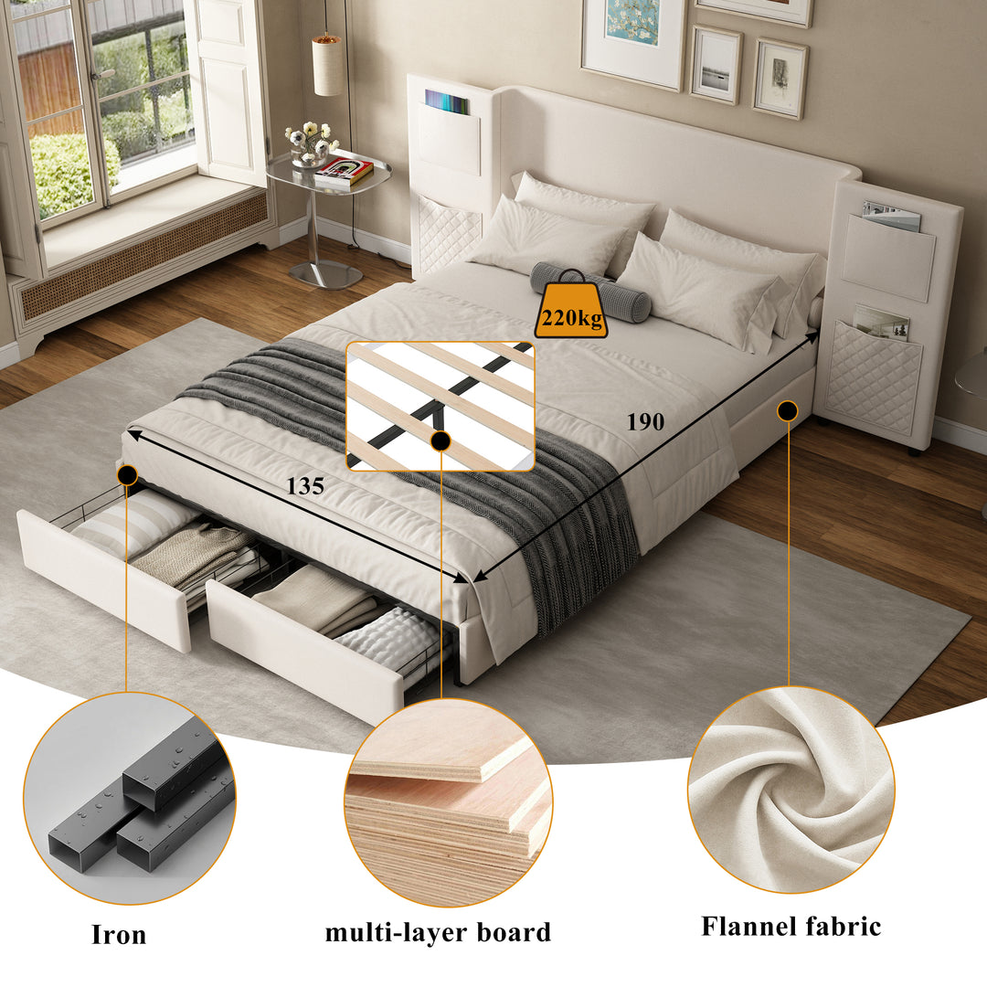 Beige velvet upholstered double bed (135×190cm) 2 drawers and storage pockets PORE