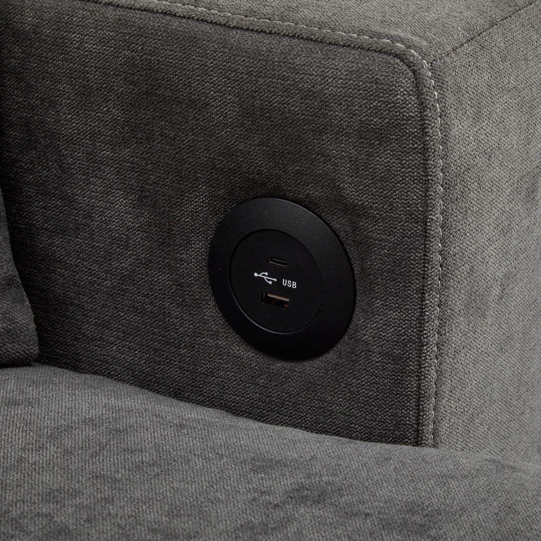 Grey L-shaped corner sofa bed, side shelf with integrated USB and storage VOLATILGAS