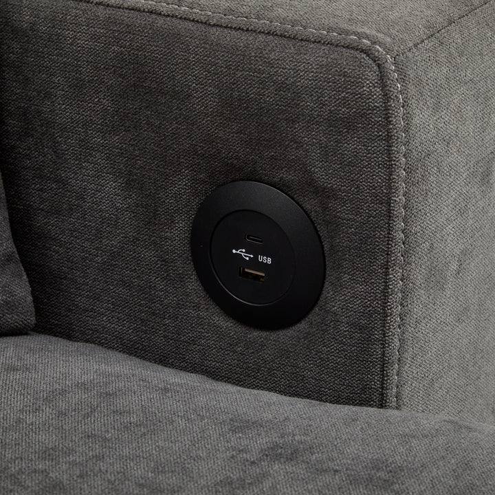 Grey L-shaped corner sofa bed, side shelf with integrated USB and storage VOLATILGAS
