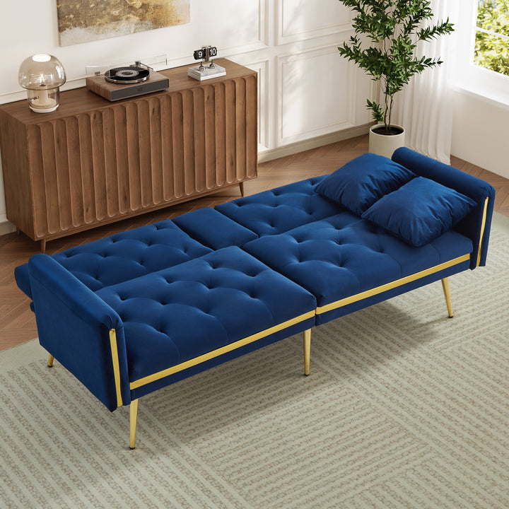 Blue velvet tufted 2-seater sofa bed with gold legs hidden fold-down cup holder FUMAROLEVENT