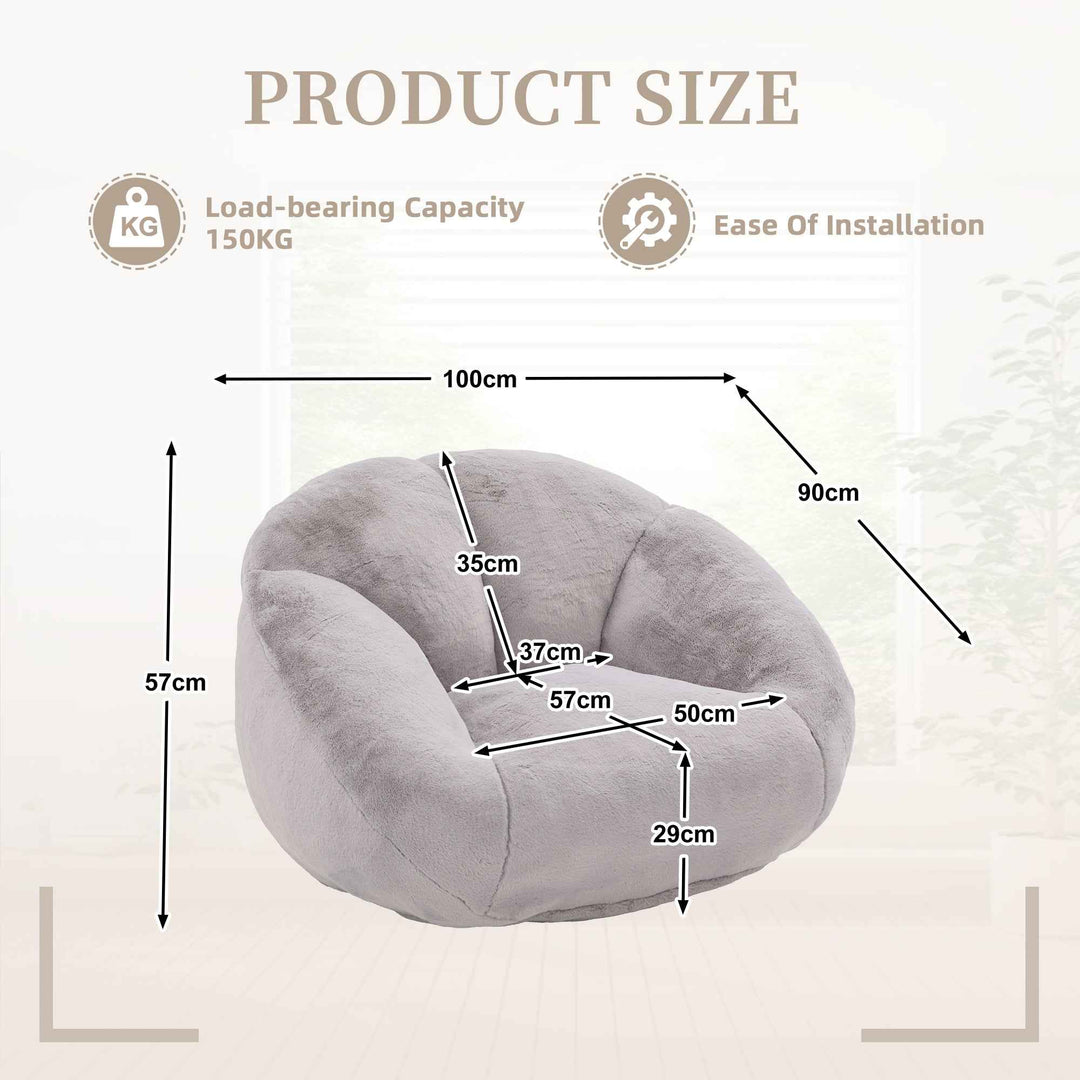 Lazy chair shell shaped sofa light grey faux fur, memory foam bean bag chair removable cover