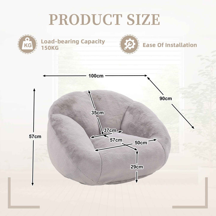 Lazy chair shell shaped sofa light grey faux fur, memory foam bean bag chair removable cover