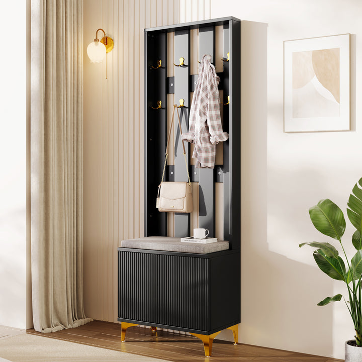 Black wooden entryway coat hanger, bench and cushion, and shoe cabinet TERMITEMOUND