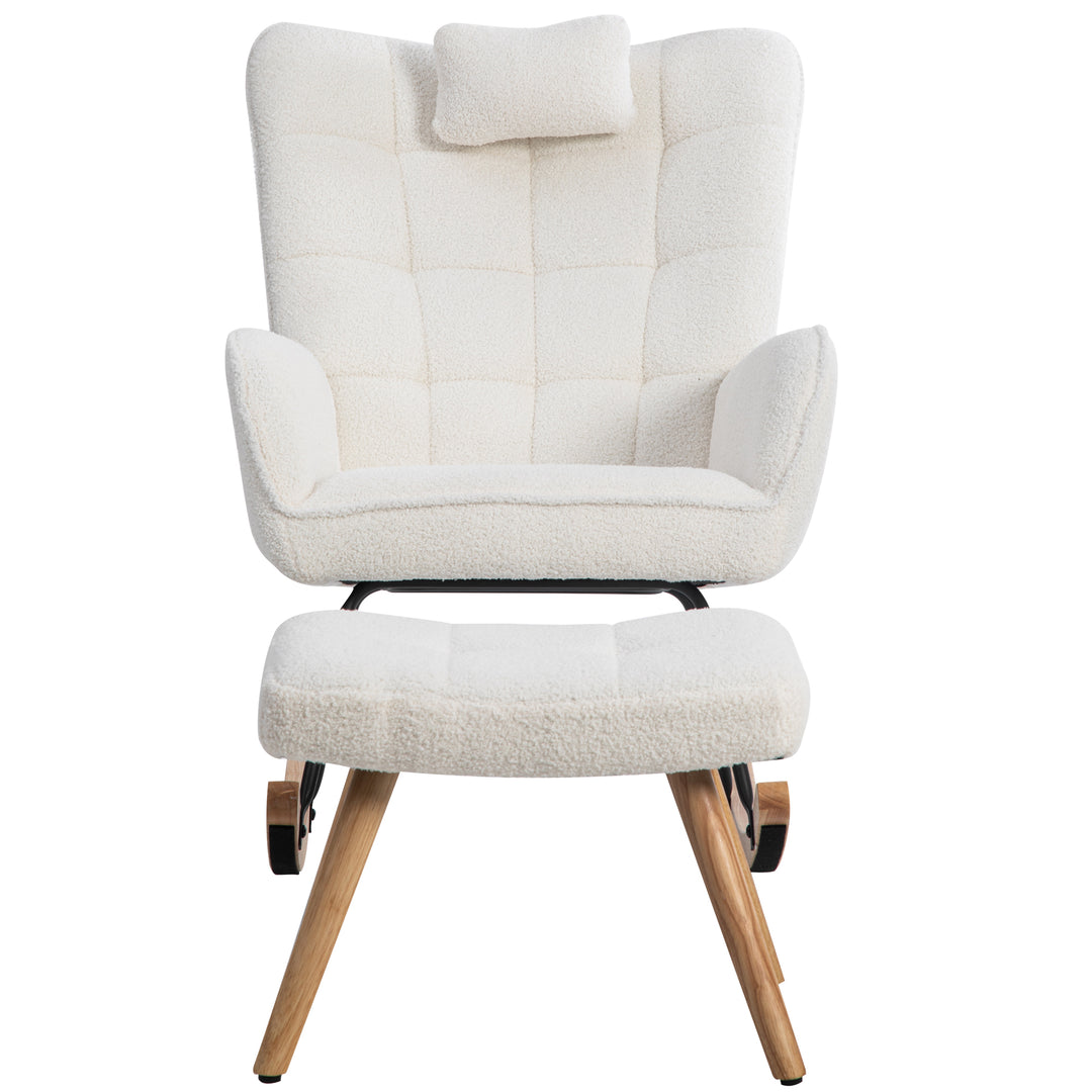 White bouclé fabric rocking chair with footstool and neck pillow PHLOEM