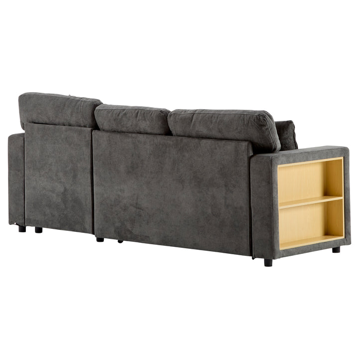Grey L-shaped corner sofa bed, side shelf with integrated USB and storage VOLATILGAS