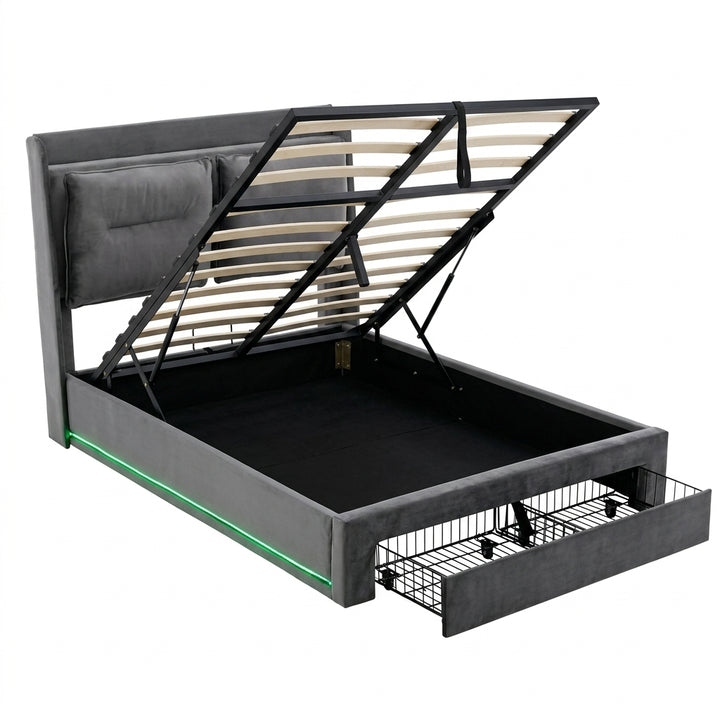 Grey velvet upholstered storage ottoman bed double size with drawer and LED light (135*190cm) BOVU GREY DOUBLE UK