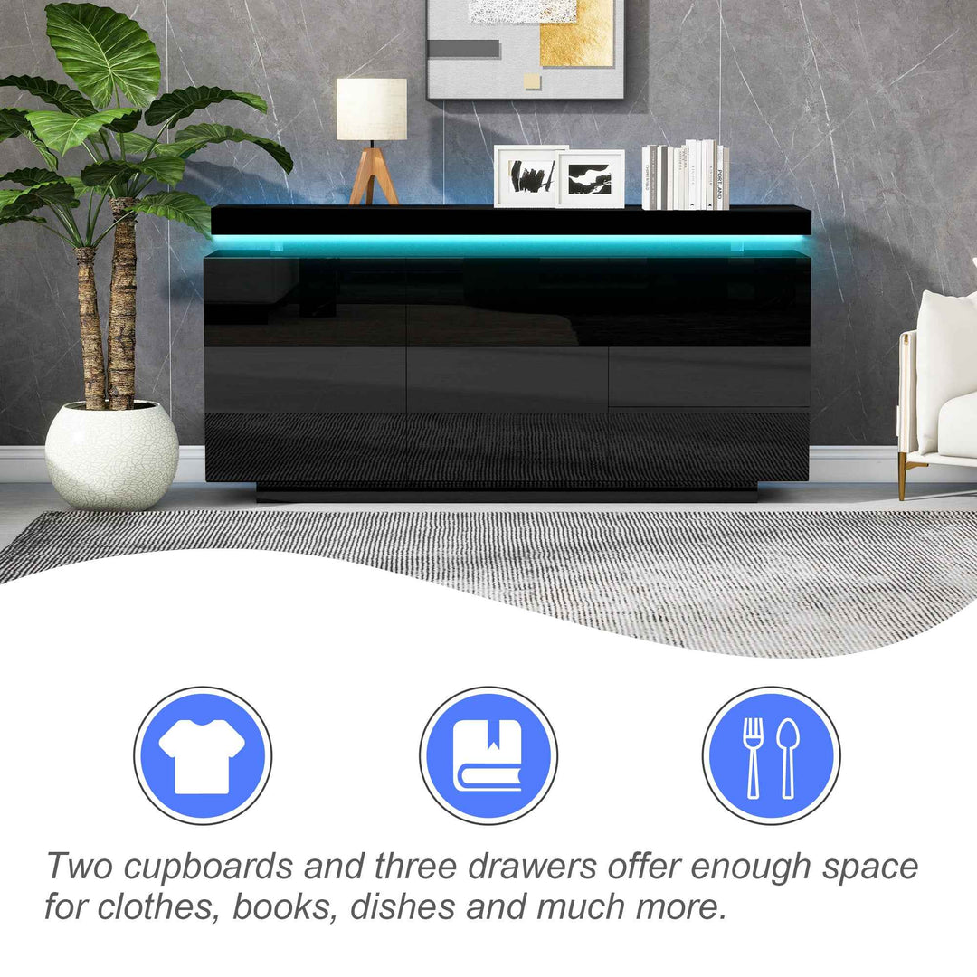 Black high gloss sideboard with LED lights with 2 doors & 3 drawers INFINITECLARITYY