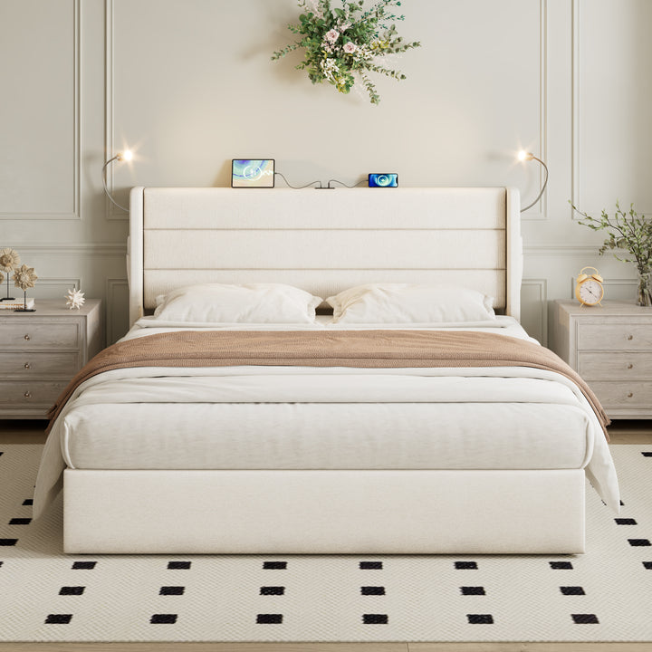 Beige linen upholstered king size divan bed with storage, lampe and charging station 150x200cm GRANULE UK
