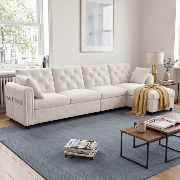 Modern L-shaped 3-seater velvet beige sectional sofa with storage chaise 281x132x86cm ELEGANT STEEL LINE
