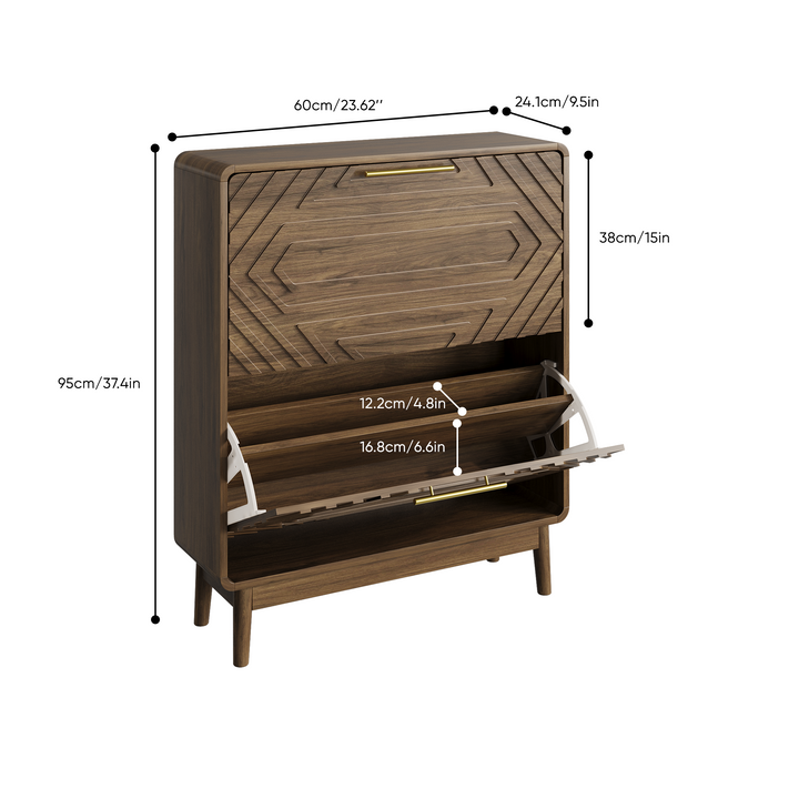 Walnut Shoe Cabinet with 2 Flip-Down Drawers, Slim Storage 60cm WOODELITE
