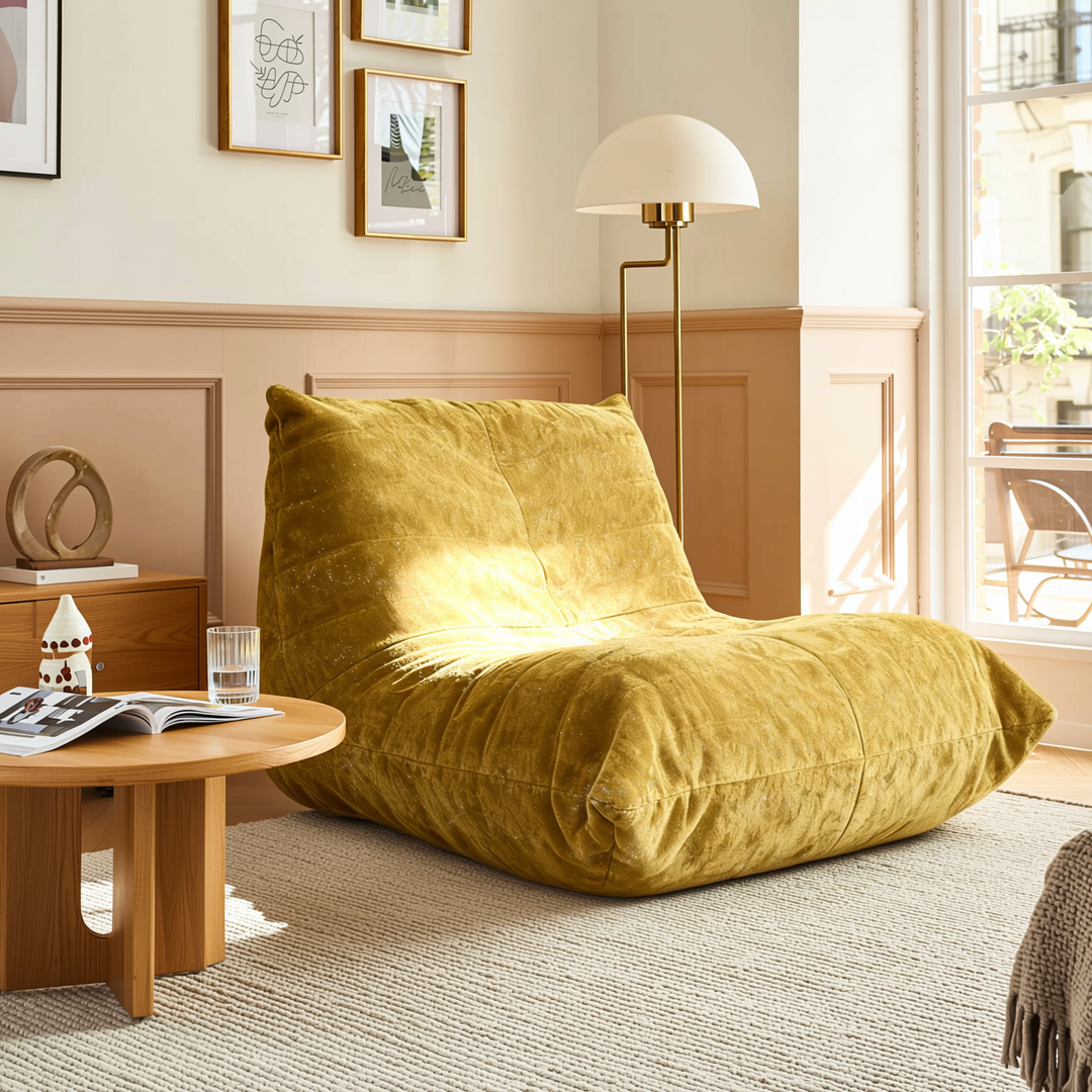 Comfy dark grey chenille bean bag lazy sofa with full-body support & non-slip base FJORDIS