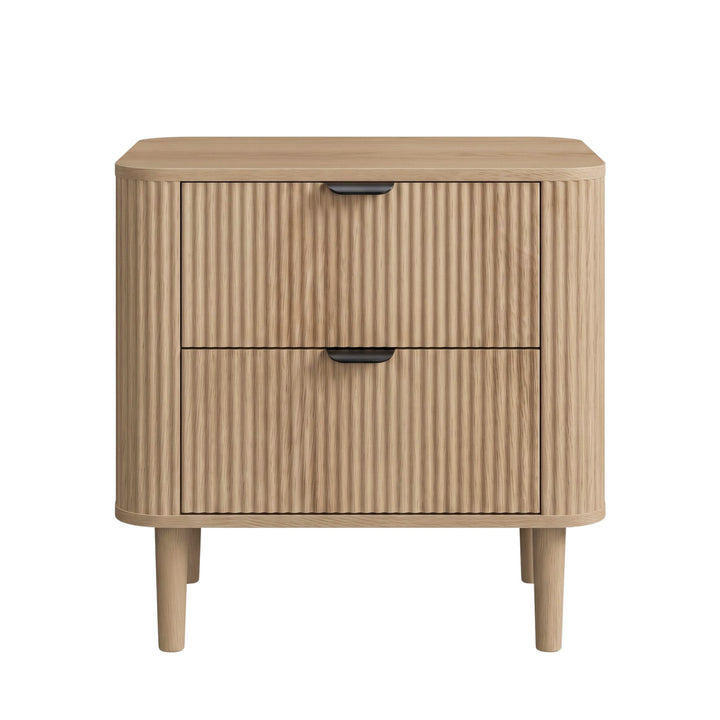 00+Nightstand Bedside Table Oak with Fluted 2-Drawer Storage for Bedroom WOODLINE
