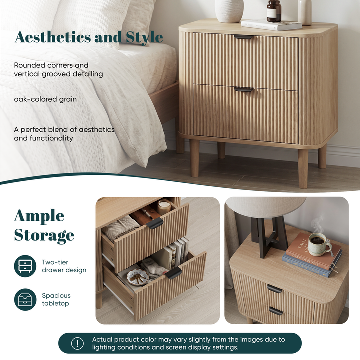 00+Nightstand Bedside Table Oak with Fluted 2-Drawer Storage for Bedroom WOODLINE