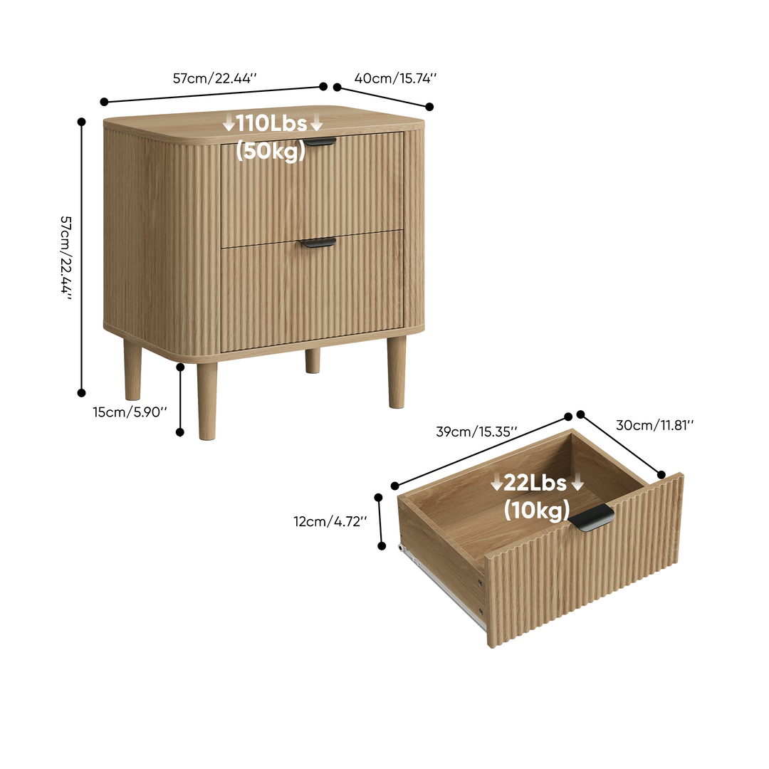 00+Nightstand Bedside Table Oak with Fluted 2-Drawer Storage for Bedroom WOODLINE