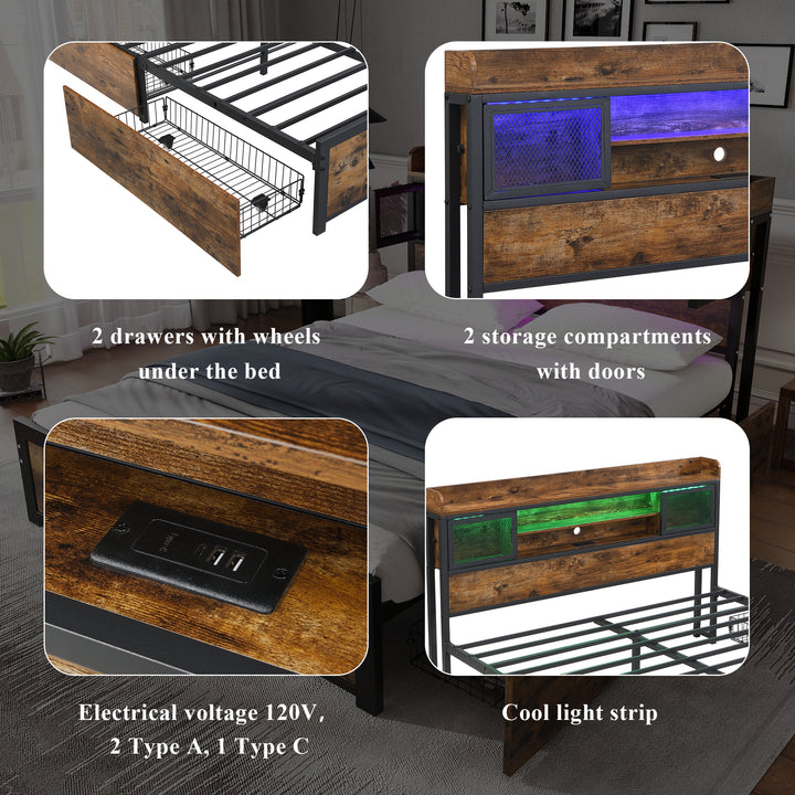 Multifunctional wooden look double bed&nbsp; with LED lighting, 2 drawers & charging ports (135x190cm) ELATERSPRING
