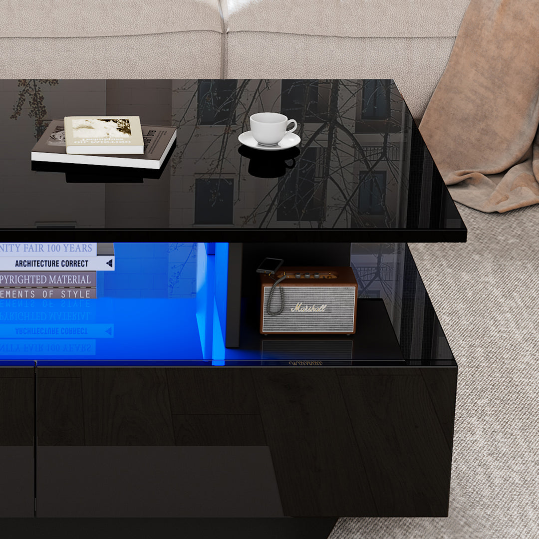 Black high-gloss coffee table 2 drawers with LED lighting ATOMSWALE