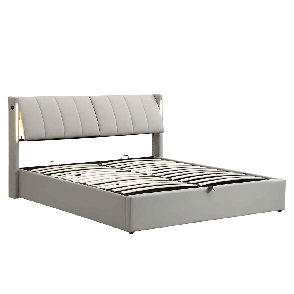 Super king size ottoman bed PU light grey with LED, USB ports, adjustable headboard 180x200cm INFINITEKAELIS