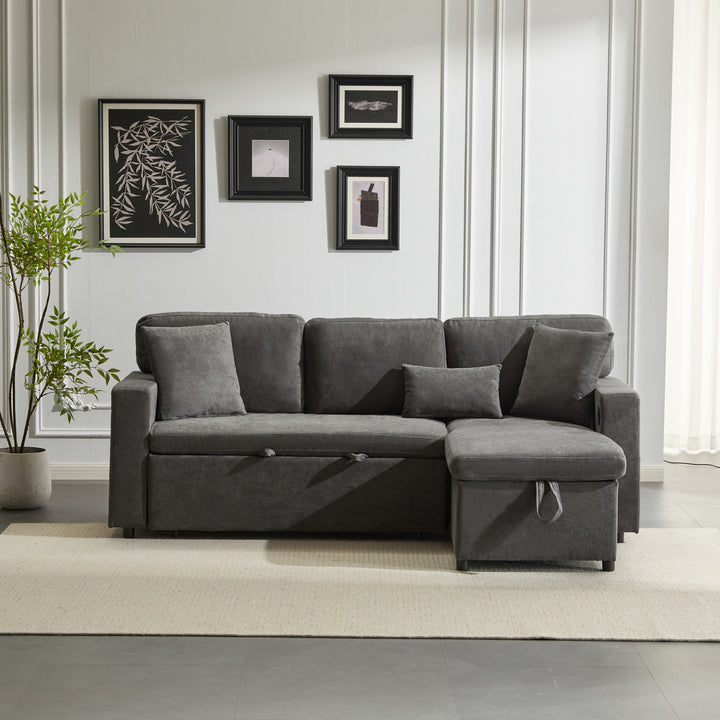 Grey L-shaped corner sofa bed, side shelf with integrated USB and storage VOLATILGAS