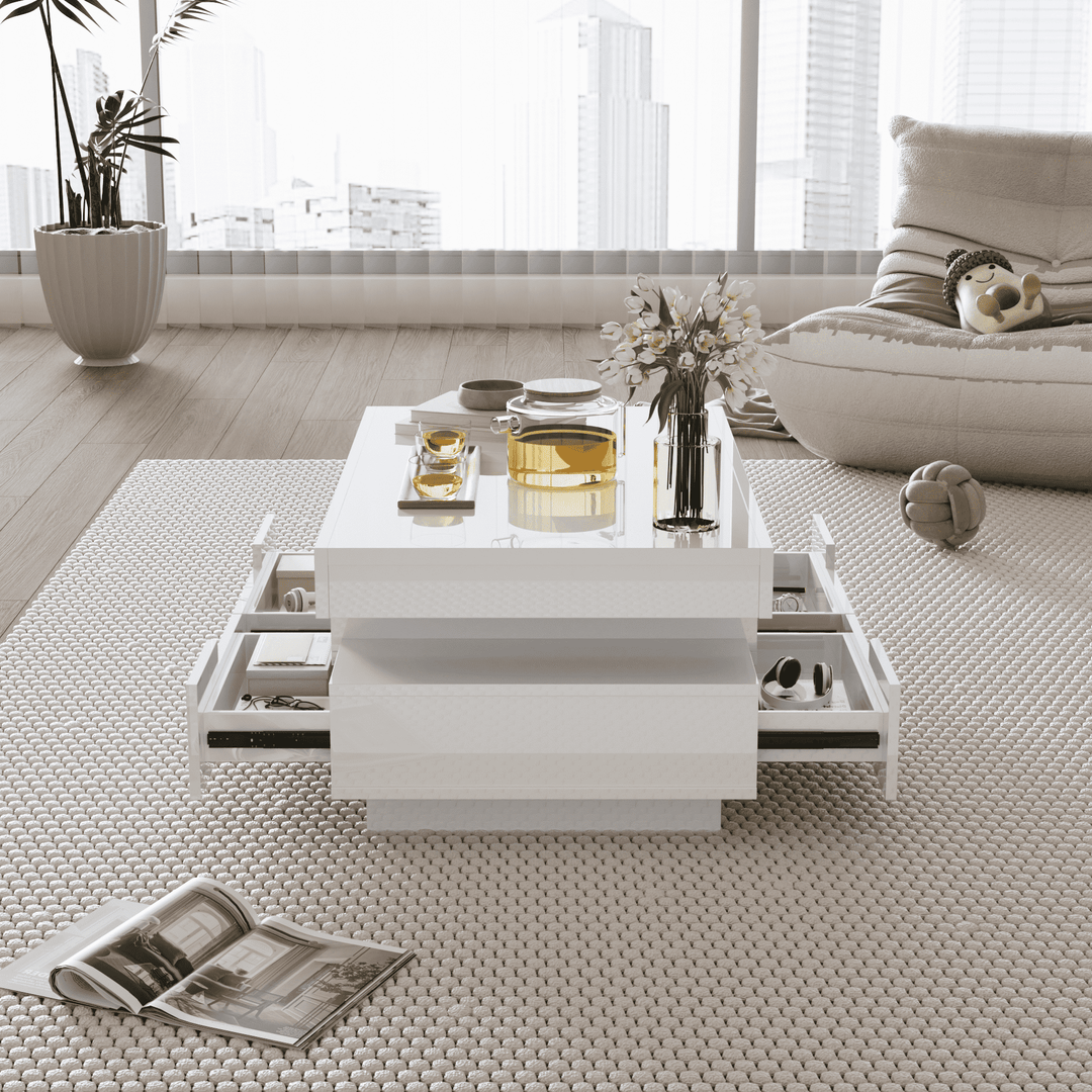 Coffee Table with LED Light Strip, High-Gloss White, 80x50x36cm, 4 Drawers, Large Storage, Modern Living Room