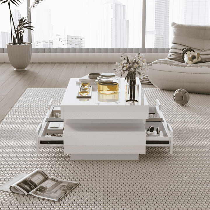 Coffee Table with LED Light Strip, High-Gloss White, 80x50x36cm, 4 Drawers, Large Storage, Modern Living Room