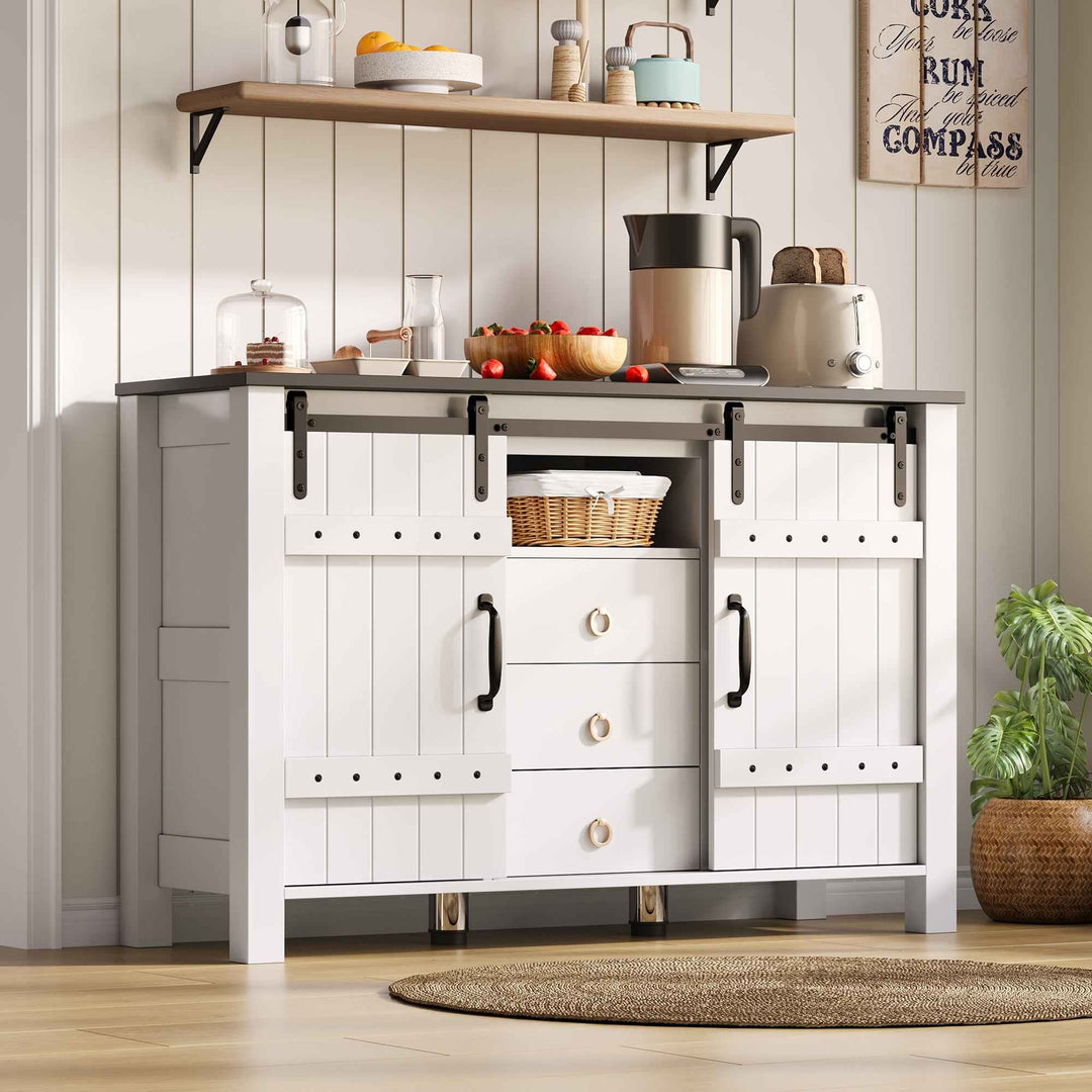 00+Sideboard Cabinet 120cm White with Sliding Doors & 3 Drawers, Rustic Storage Buffet for Kitchen VERTEXLYNX
