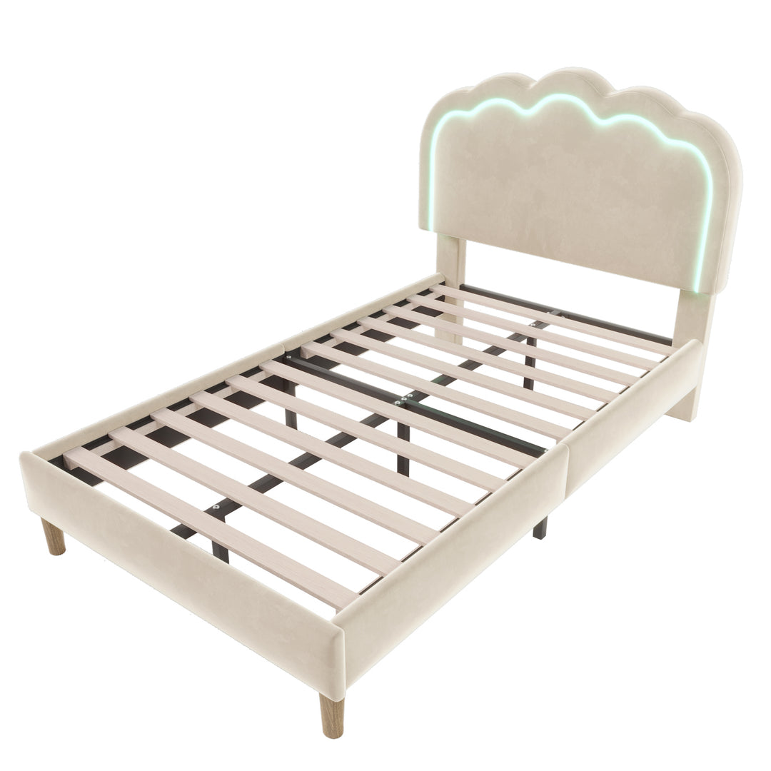 Beige velvet upholstered divan bed frame with LED, headboard height adjustable INDROX BEIGE UK