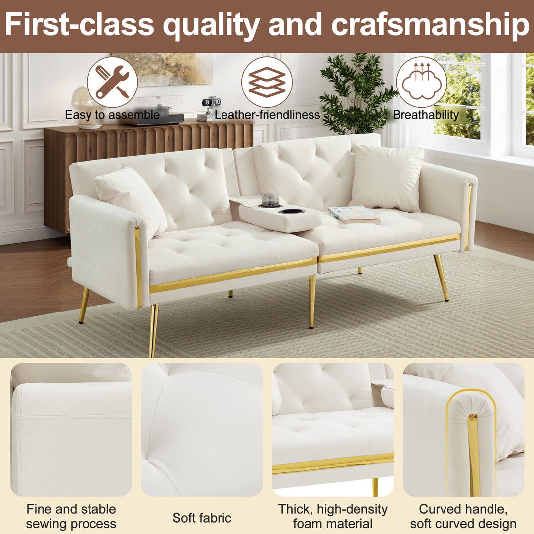 Beige velvet tufted 2-seater sofa bed with gold legs hidden fold-down cup holder COTTONPUFF