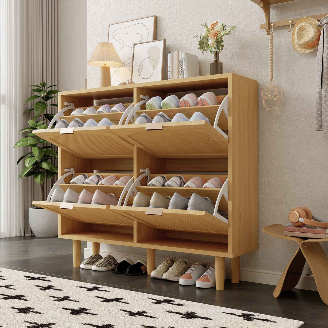 00+Shoe Cabinet 4-Drawer Narrow Rattan, Slim Light Oak Storage CONCRETEWARDROBE