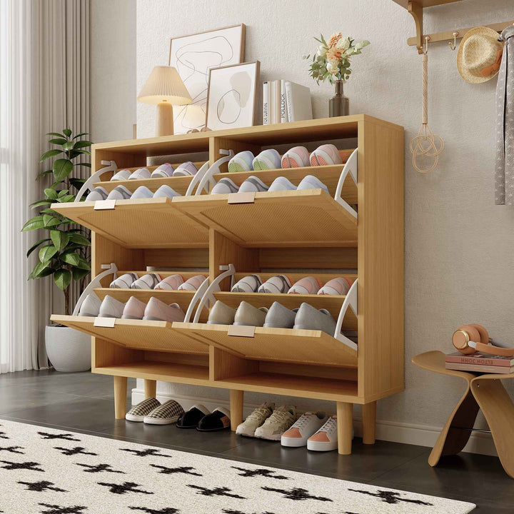 00+Shoe Cabinet 4-Drawer Narrow Rattan, Slim Light Oak Storage CONCRETEWARDROBE