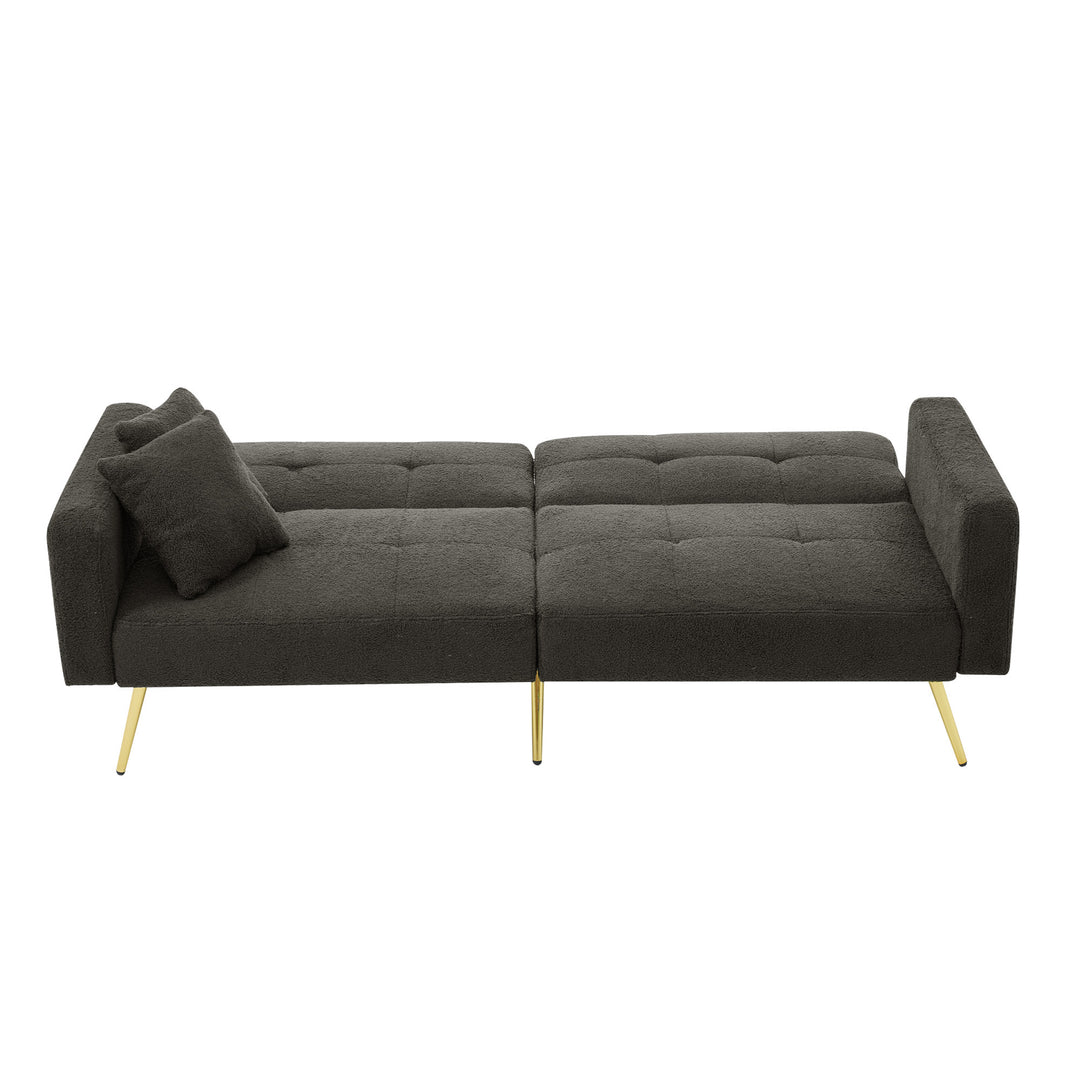 Dark grey sherpa 2-seater sofa bed with gold legs, cushions and side storage pockets VESPERA