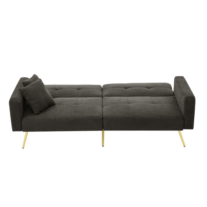 Dark grey sherpa 2-seater sofa bed with gold legs, cushions and side storage pockets VESPERA