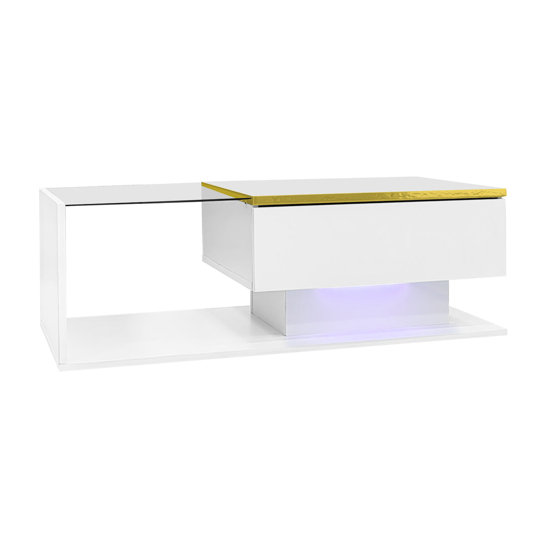Modern high gloss white coffee table with LED lights golden accent SHEATH