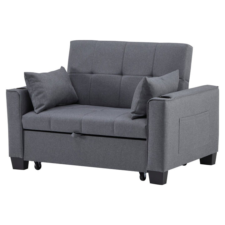 Gray fabric convertible 2-seater sofa bed pull-out design, adjustable backrest, and storage FROSTSTONE