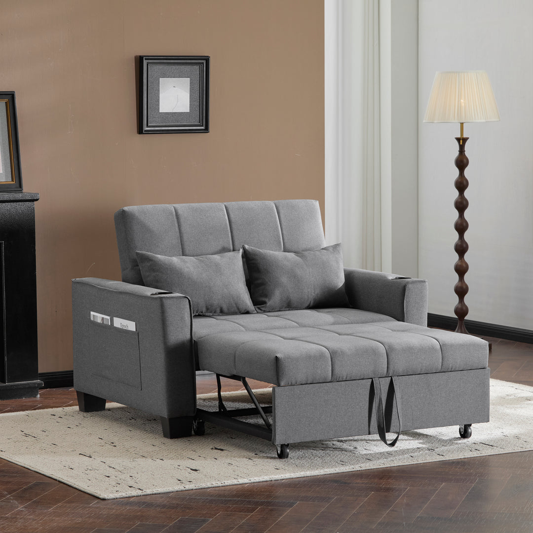 Gray fabric convertible 2-seater sofa bed pull-out design, adjustable backrest, and storage FROSTSTONE