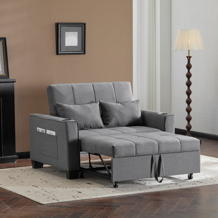 Gray fabric convertible 2-seater sofa bed pull-out design, adjustable backrest, and storage FROSTSTONE