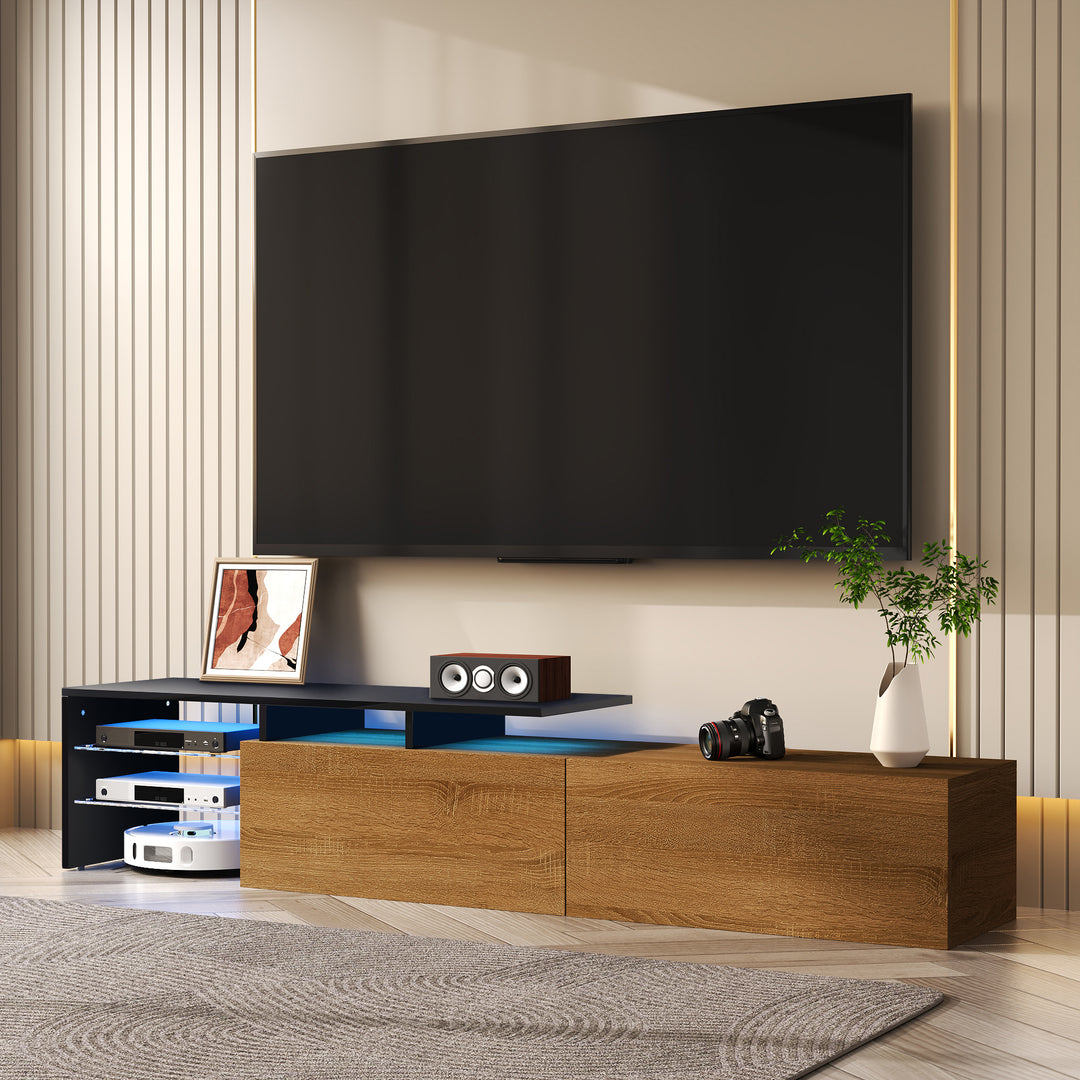 Black wooden finish TV cabinet with glass shelves and LED lighting KNEEJOINT