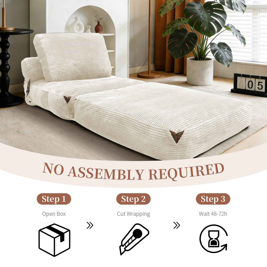 3 in 1 Convertible Corduroy Floor Sofa Bed White, Oversized Fold Out Chaise Lounge with High Density Sponge, Side Pockets, Non-Slip Base, No Assembly, Space Saving for Bedroom Dorm Gaming Napping